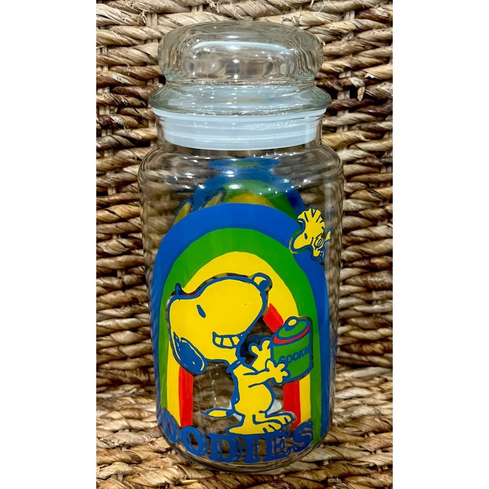Vintage Peanuts Snoopy Woodstock Goodies 8" Glass Jar Canister With Lid 1965 NEW